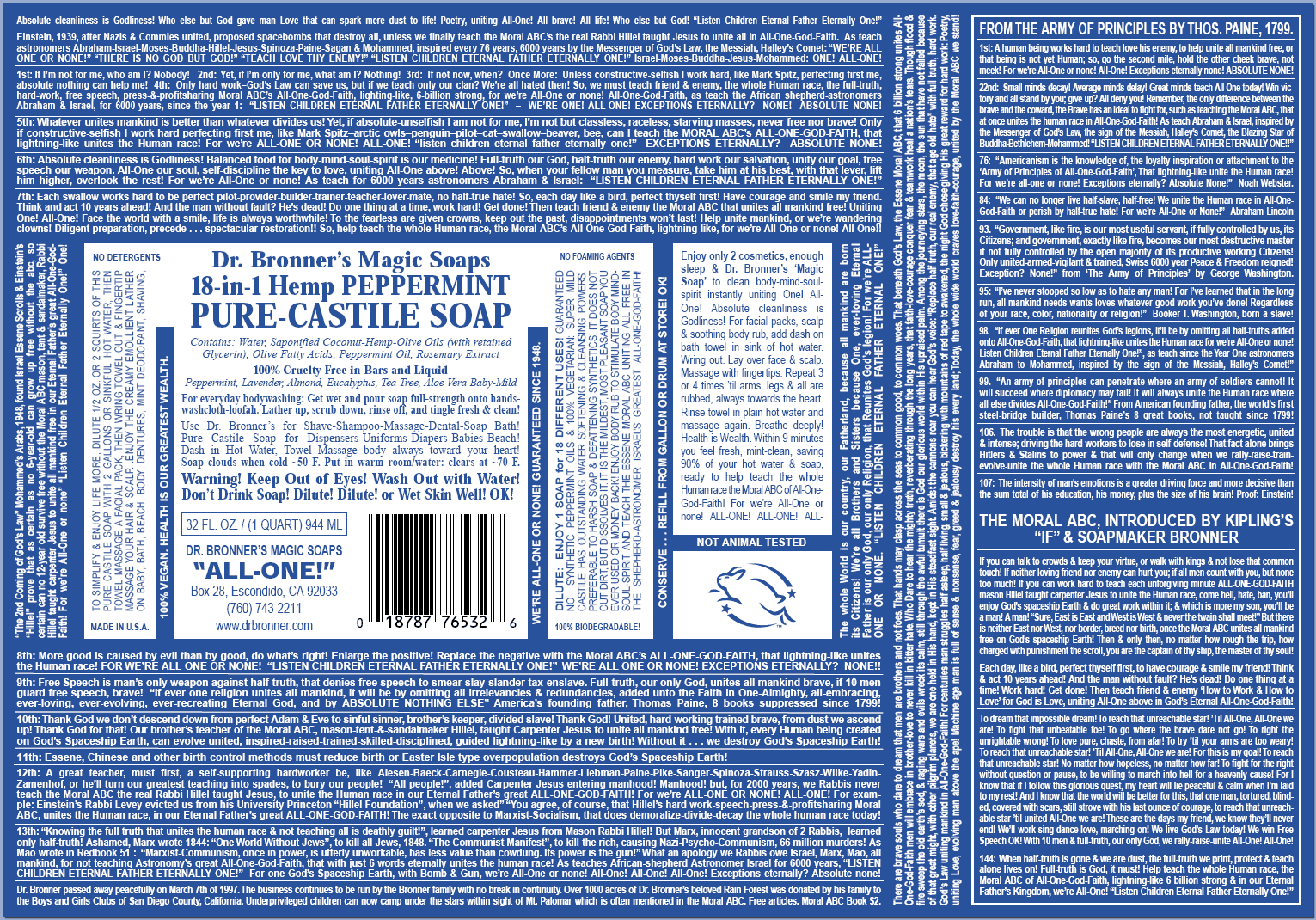 Dr. Bronner's soap label Dr. Bronner's soap label