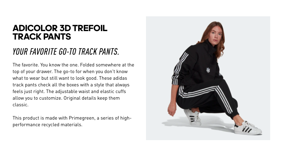 Screen capture of a product page on adidas.com. The model is sitting on a white cube. She’s wearing a tee shirt and a pair of track pants, with 3-Stripes sneakers.